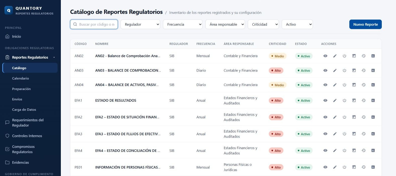 Catálogo de reportes regulatorios de Quantory con código, regulador, frecuencia, área responsable y criticidad.